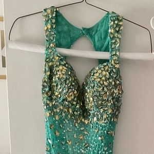 Jazz Couture aqua with gold stones beautiful prom/wedding/ event gown. Size 8